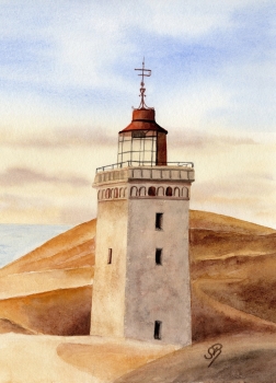 Poster DIN-A3  Aquarell Maritim Kunst Druck Kunstdruck Nordsee Dänemark Danmark Leuchtturm Rubjerg Knude Düne Blokhus Lokken Sonnenuntergang